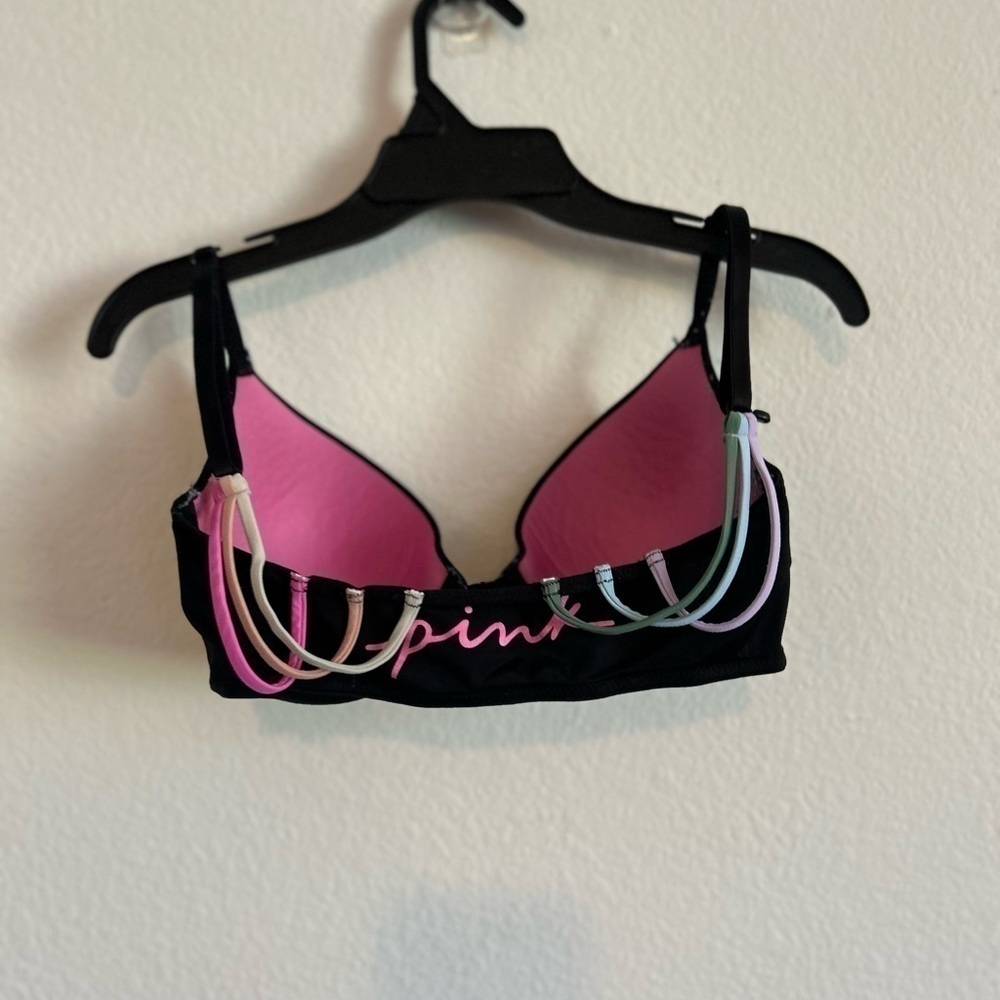 PINK 32D neon and black strappy  open front bra
